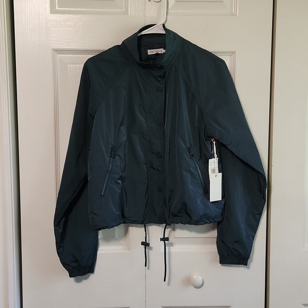 Good American Teal Green Cropped Windbreaker Jacket Mock Neck Snap Zip Front NWT